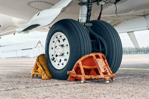 Abgestützte Reifen eines grossen Flugzeugs