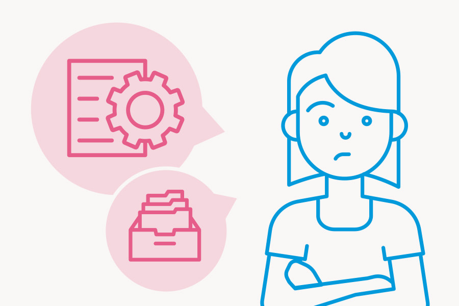 Illustration mit junger Frau und Icons die eine hohe Bürokratie beschreiben